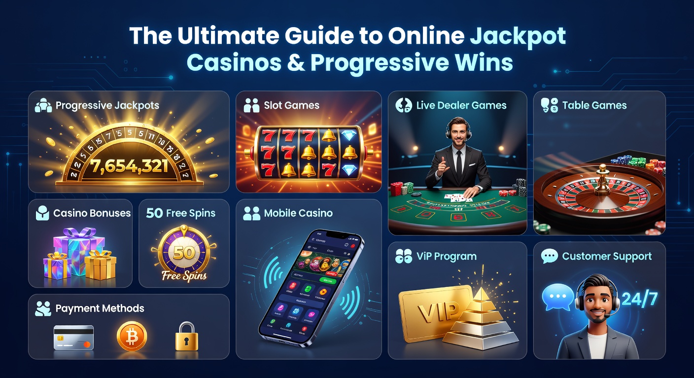 Bunte Darstellung eines hybriden Casino-Setups mit Slots, Live-Tischen und mobilen Elementen, die einen progressiven Jackpot andeuten