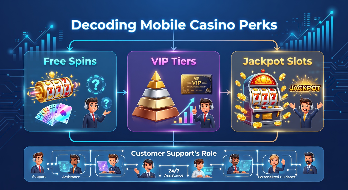 Smartphone mit Casino-App, das Freispiele und VIP-Symbole zeigt, während ein Support-Chat geöffnet ist