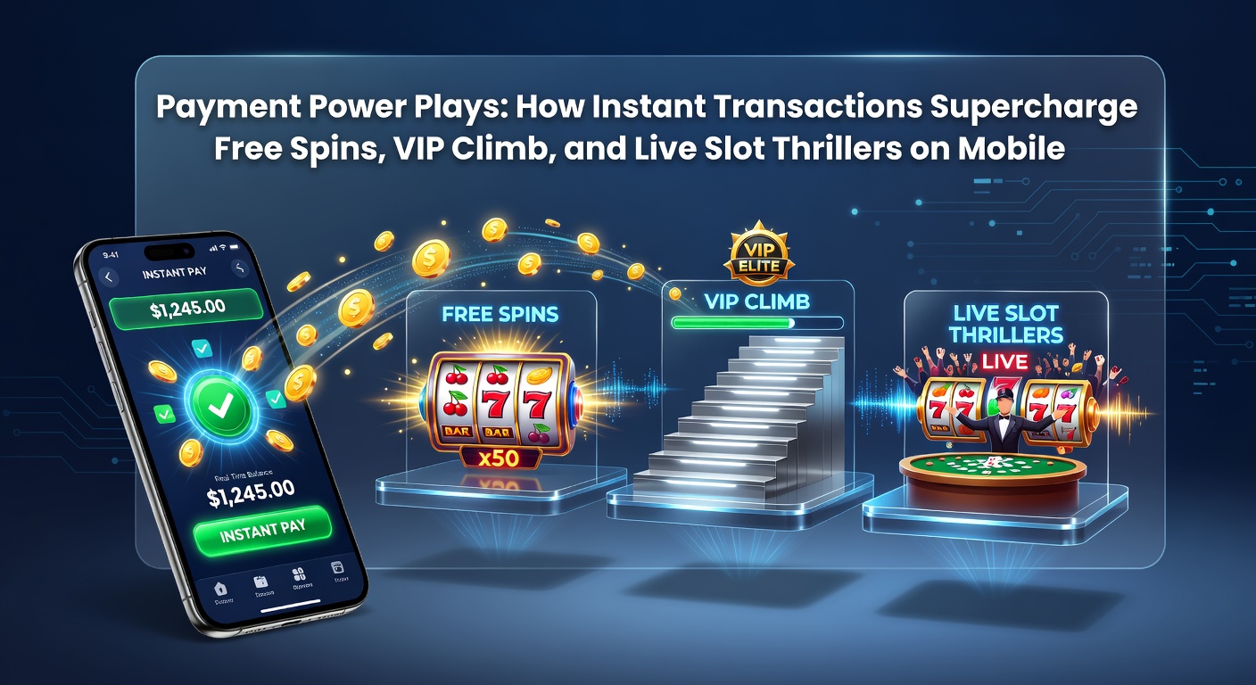 Smartphone mit blitzschnellen Zahlungs-Apps und drehenden Slot-Walzen im Vordergrund, symbolisiert den Adrenalin-Kick von Instant-Transactions in mobilen Casinos